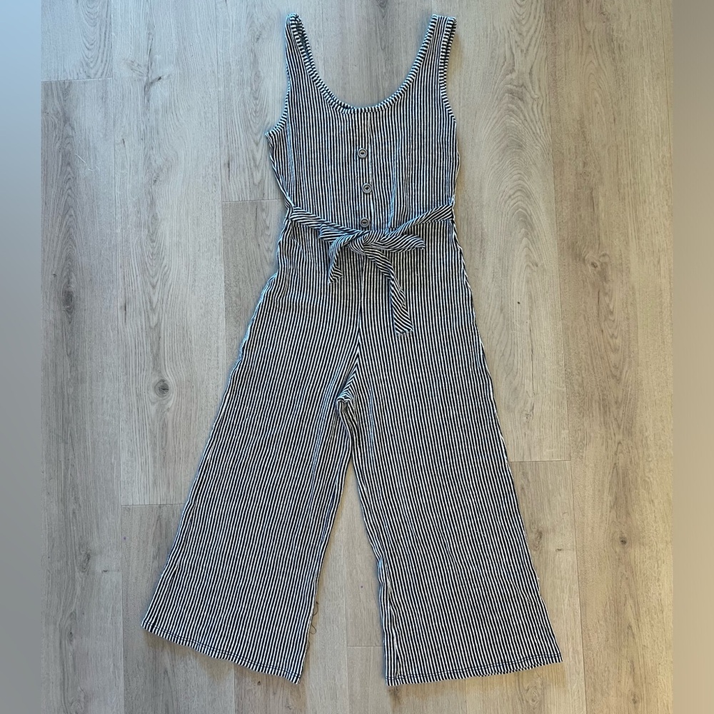 Caution To The Wind Striped Romper Jumpsuit Wide Leg Capris